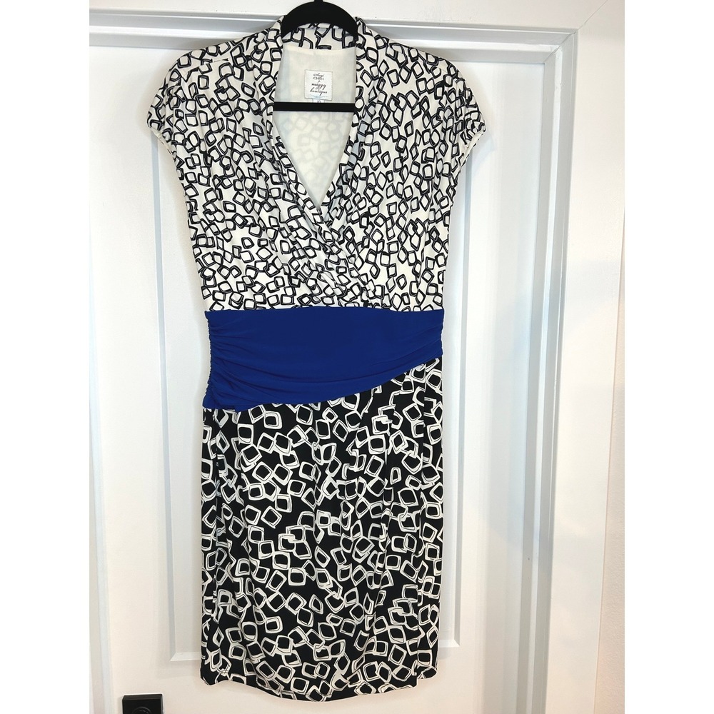 Suzi Chin‎ for Maggy Boutique Geometric Dress Blue Ruched Waist Size 10